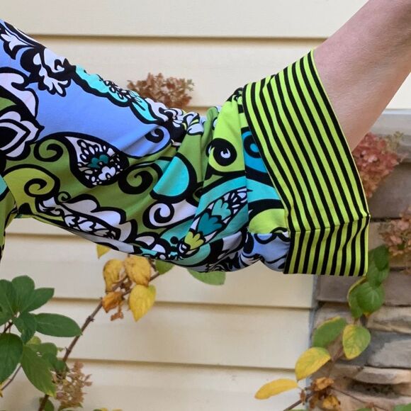 Cocomo 3/4 sleeve green, patterned blouse with boat neck, gorgeous, festive, L - Picture 5 of 7
